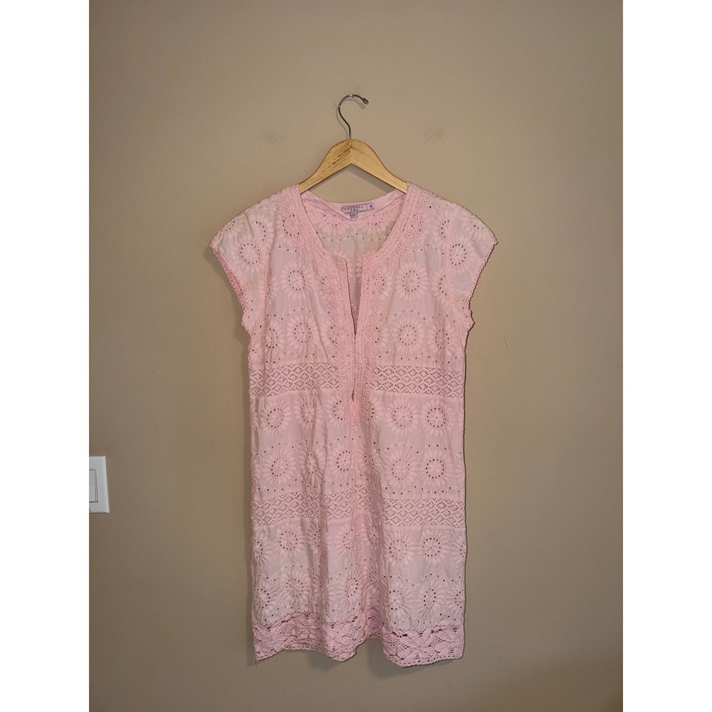 Calypso St Barth Pink Eyelet Cotton Tunic Dress Lace Trim Size M